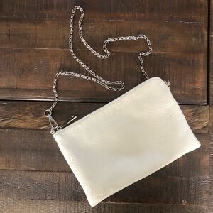Nicoli Italian Crossbody Bag Winter White Pebbled Leather Silver Chain Strap